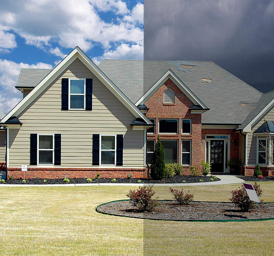Side-by-side comparison of a house with a bright, sunny sky on the left and a dark, stormy sky and damaged roof on the right.